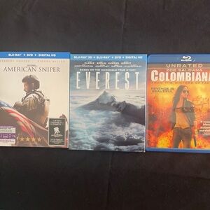 3 blu ray movies American Sniper, Everest, and Colombiana